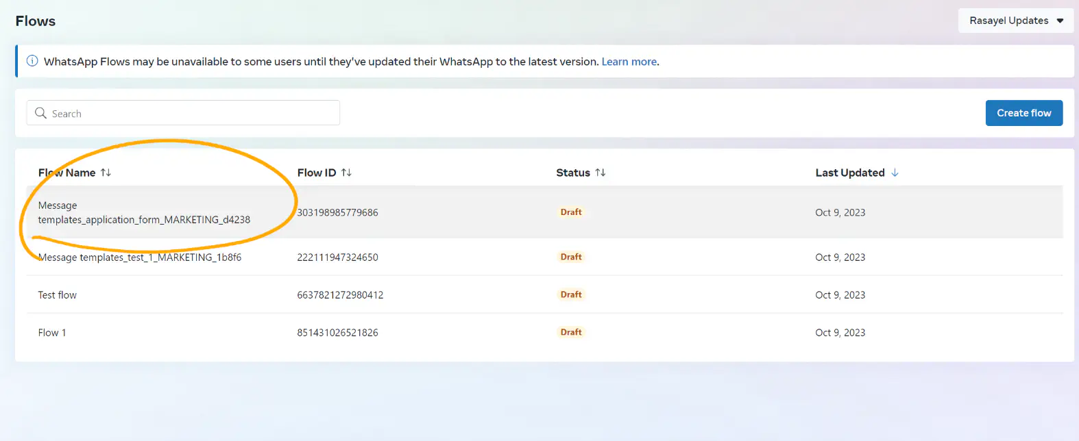 List of Flows in WhatsApp Manager.