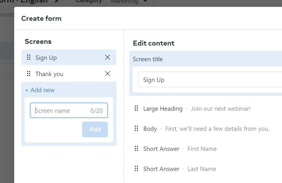 Creating a form in WhatsApp Manager.