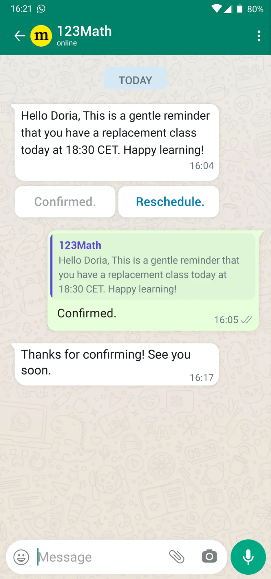 WhatsApp chatbot sending a reminder for a replacement class to a student.