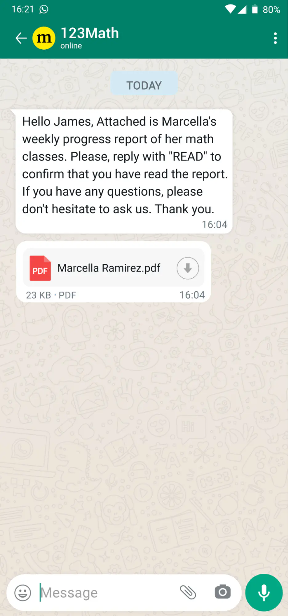 WhatsApp chatbot sending learning materials to a student.
