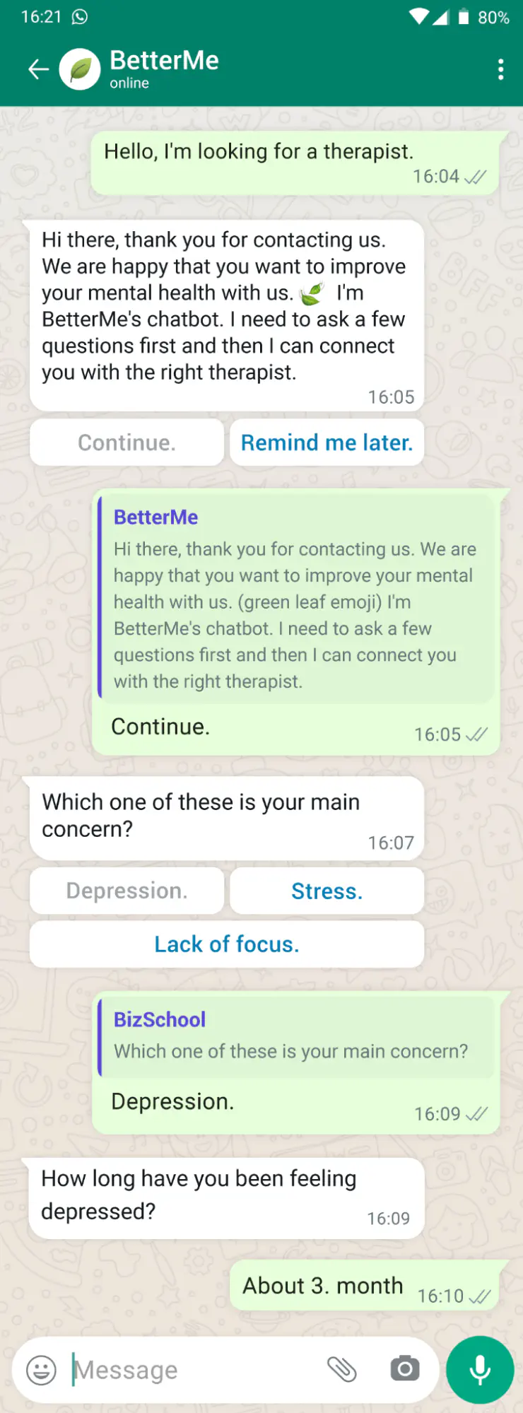 WhatsApp chatbot giving symptom assessment.