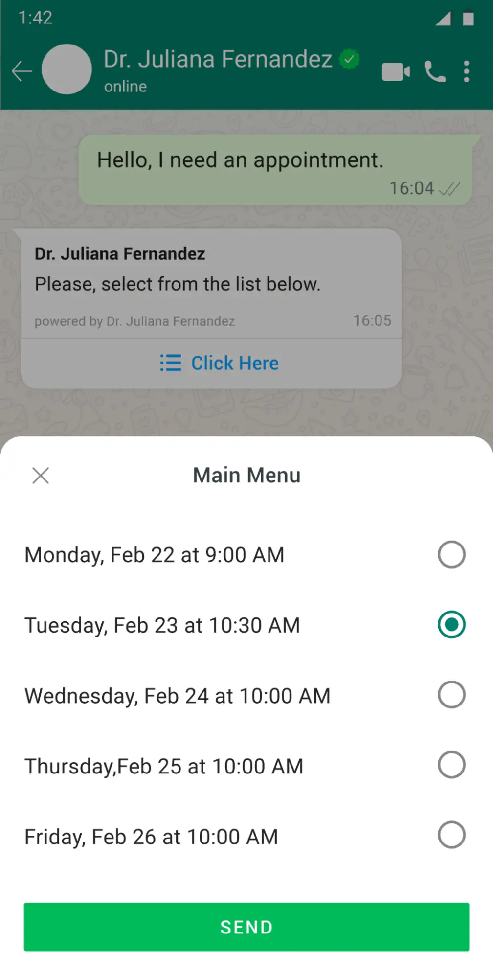 WhatsApp list message for booking an appointment with a clinic.