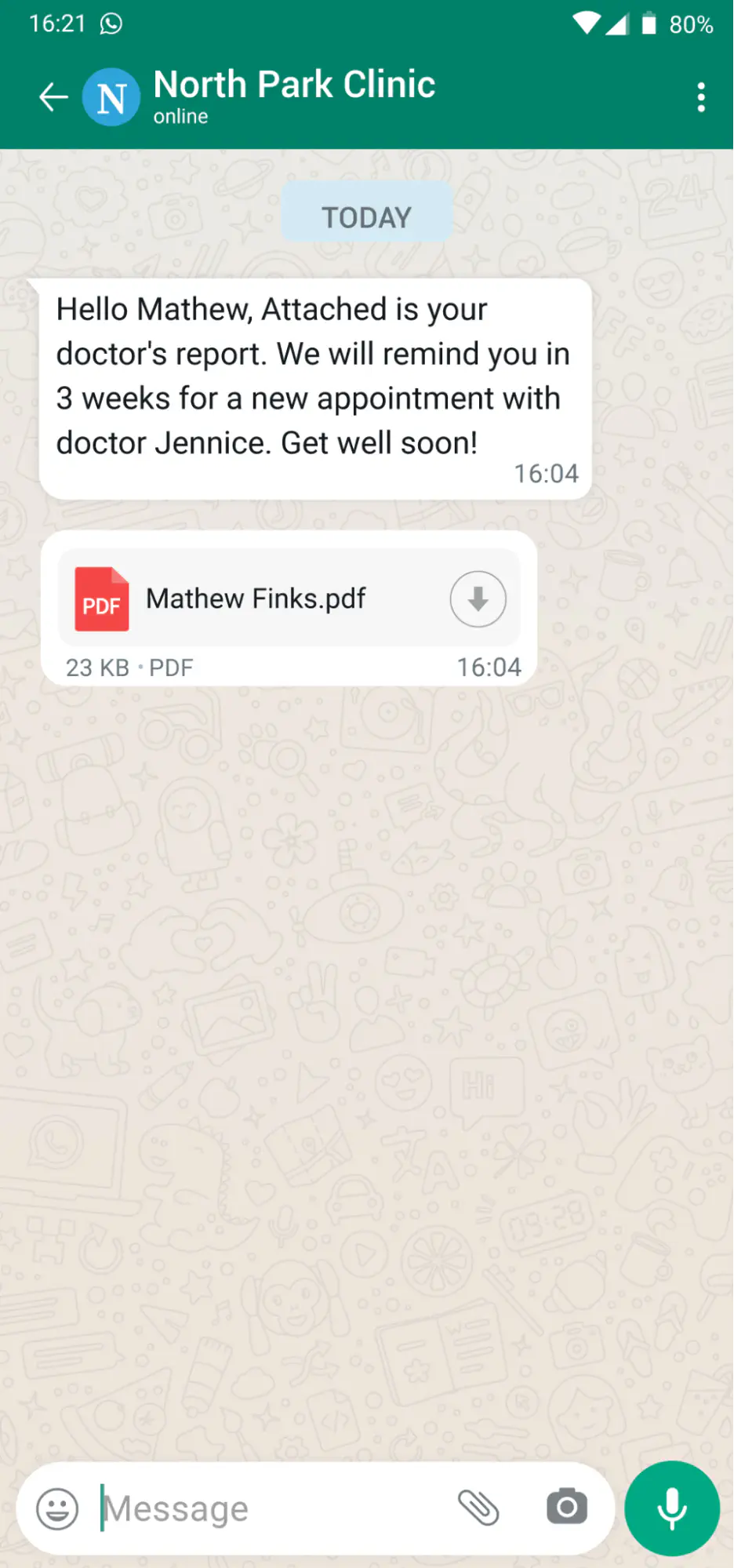 WhatsApp chatbot sending medical documents and test results.