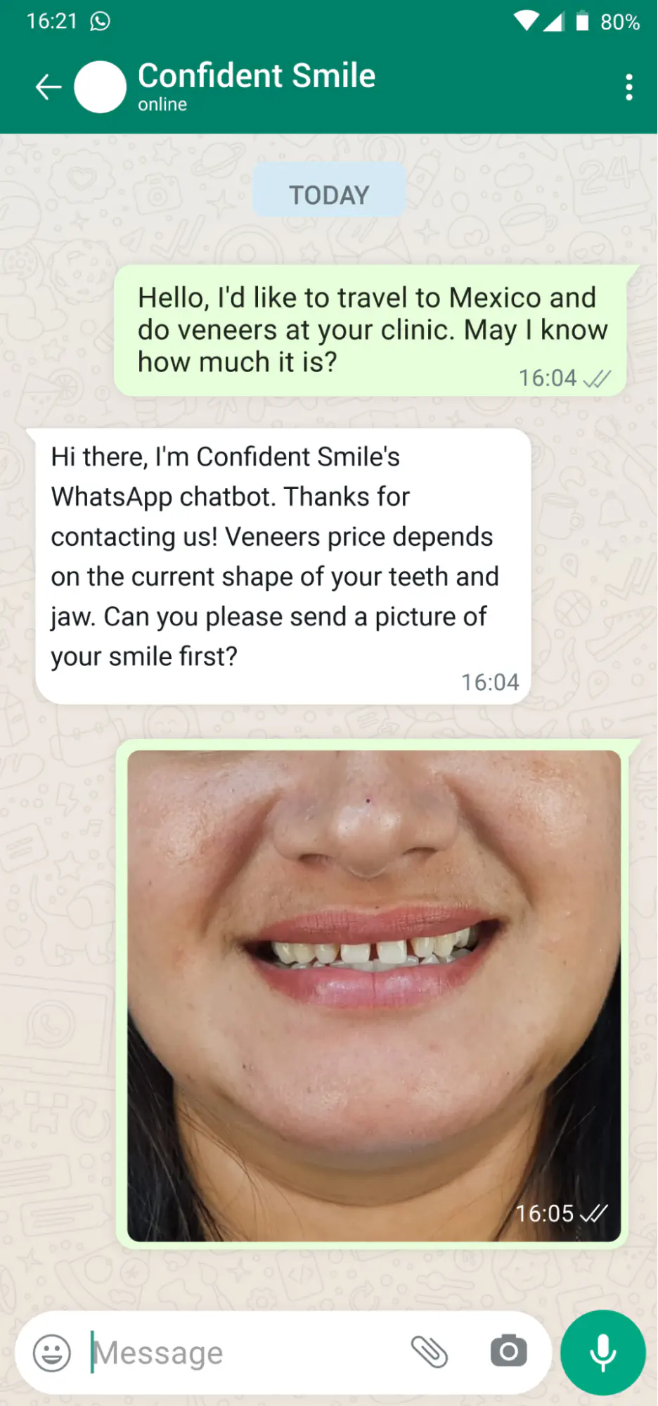 WhatsApp chatbot asking a patient for photos over WhatsApp.