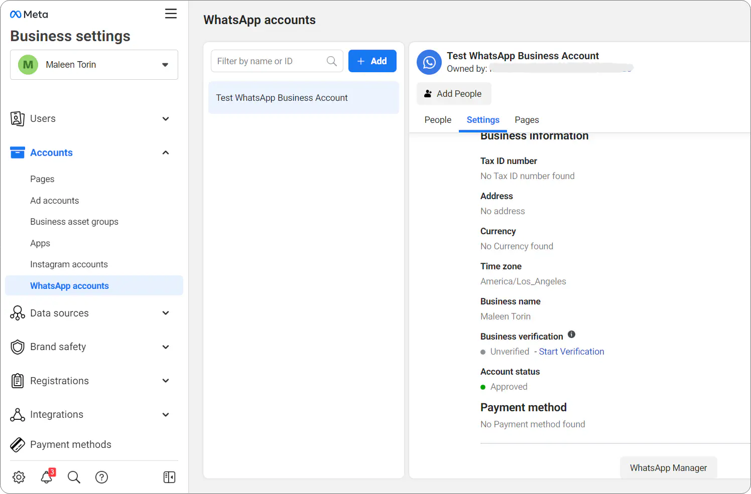 WhatsApp accounts on Facebook Business Manager.