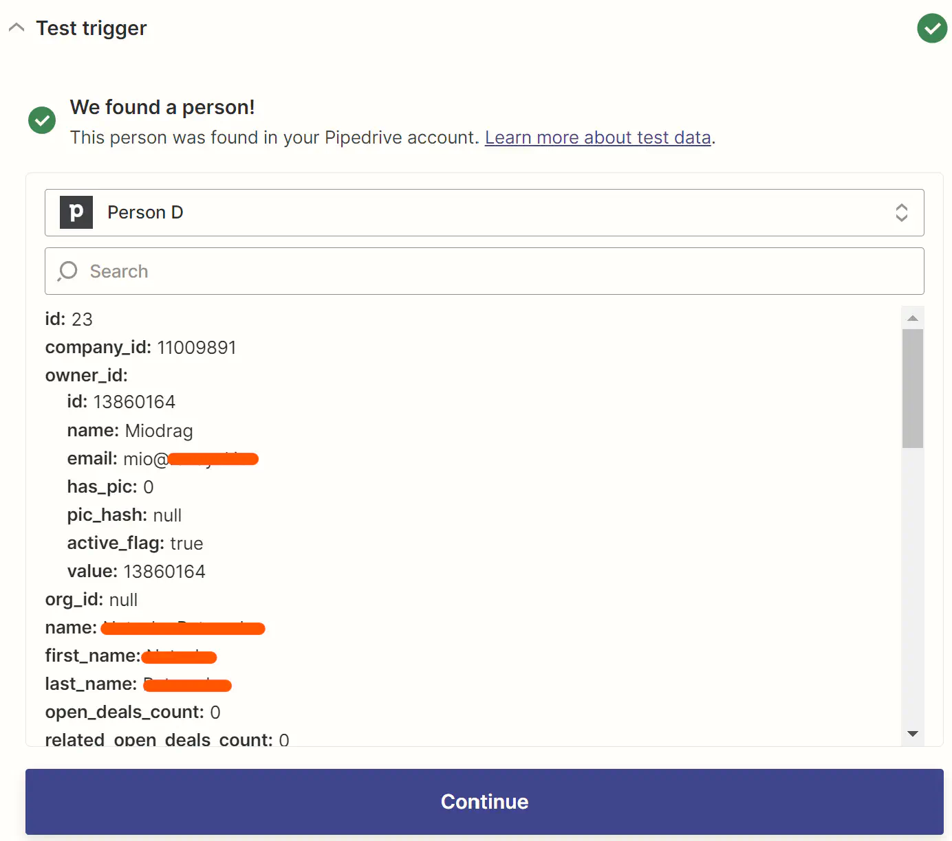 اختبار خطوة الإشارة على حساب pipedrive