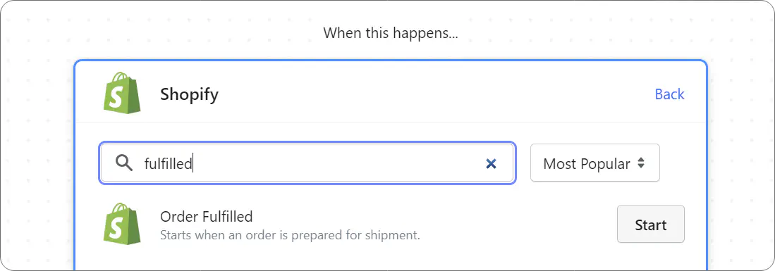 Selecting Order Fulfilled as trigger in a Shopify workflow.