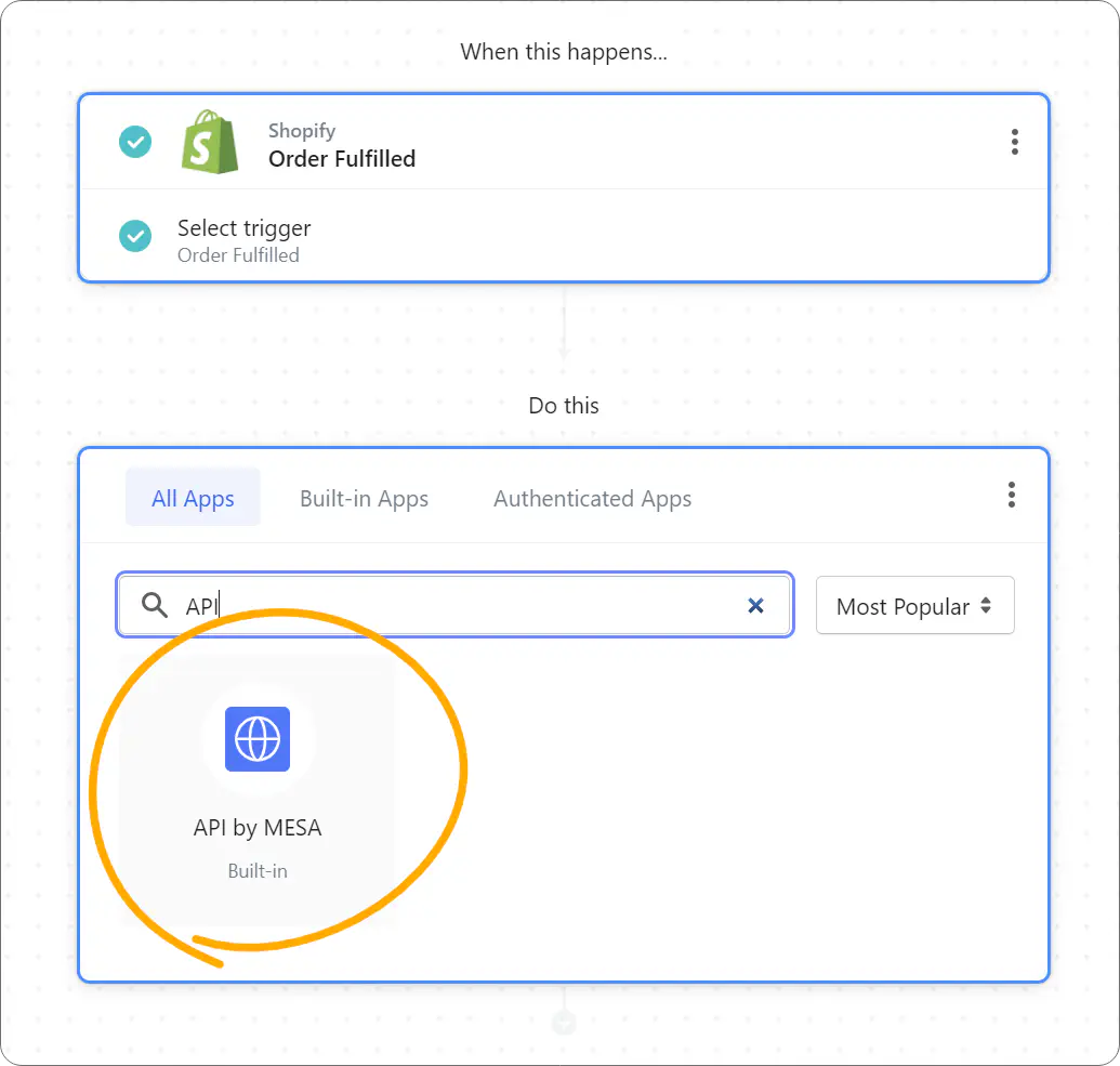 Selecting API by MESA in Shopify workflow setup.