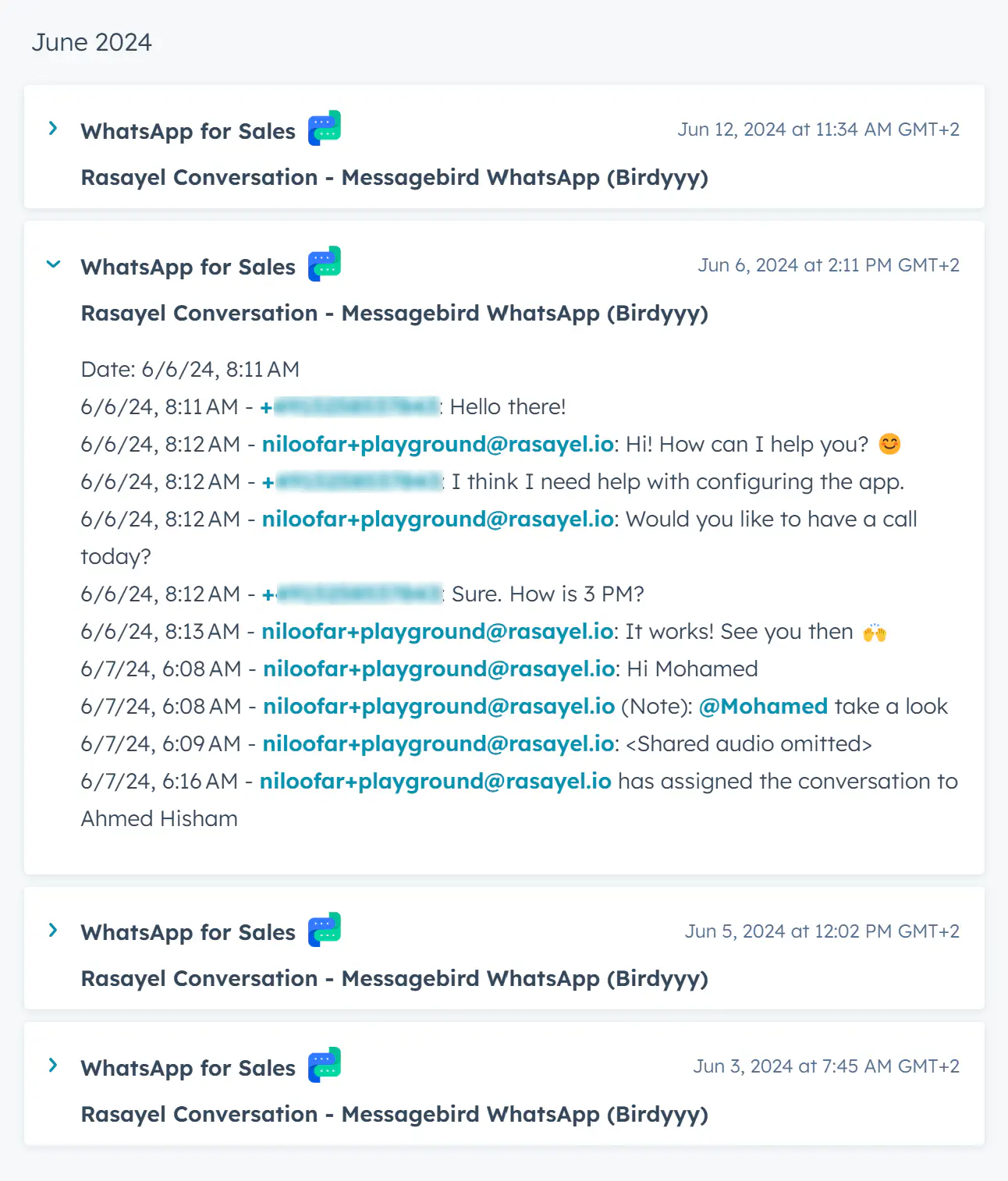 WhatsApp interactions logged in HubSpot CRM.