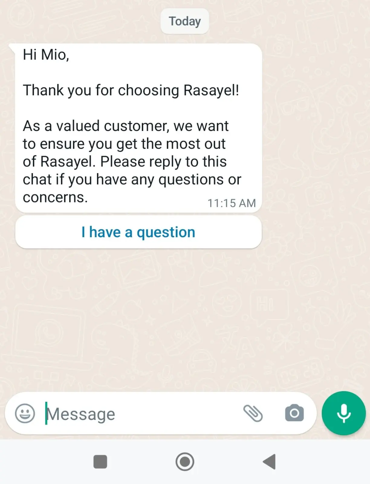 WhatsApp message sent to a new customer