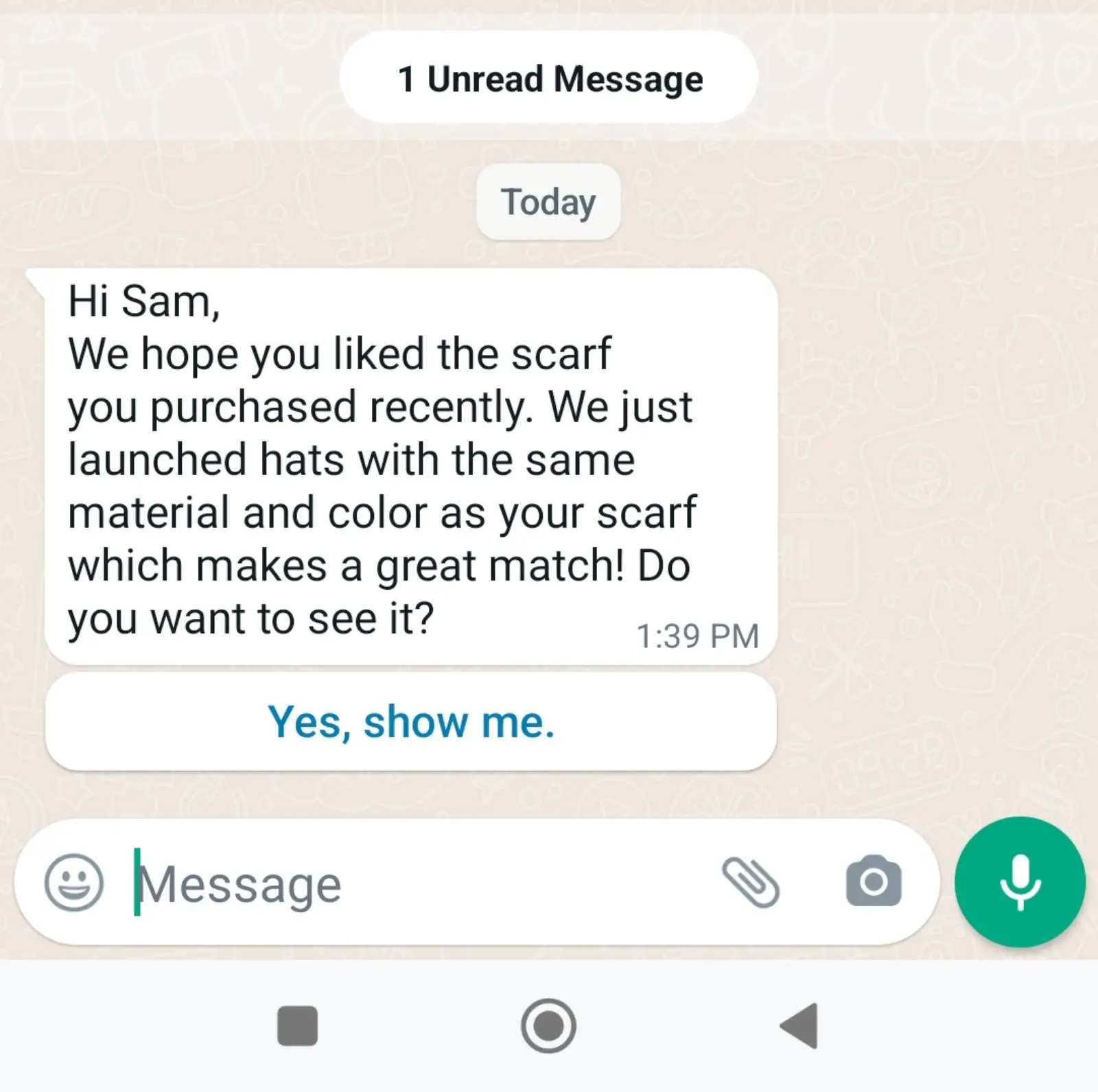 WhatsApp message targeting customers post-purchase