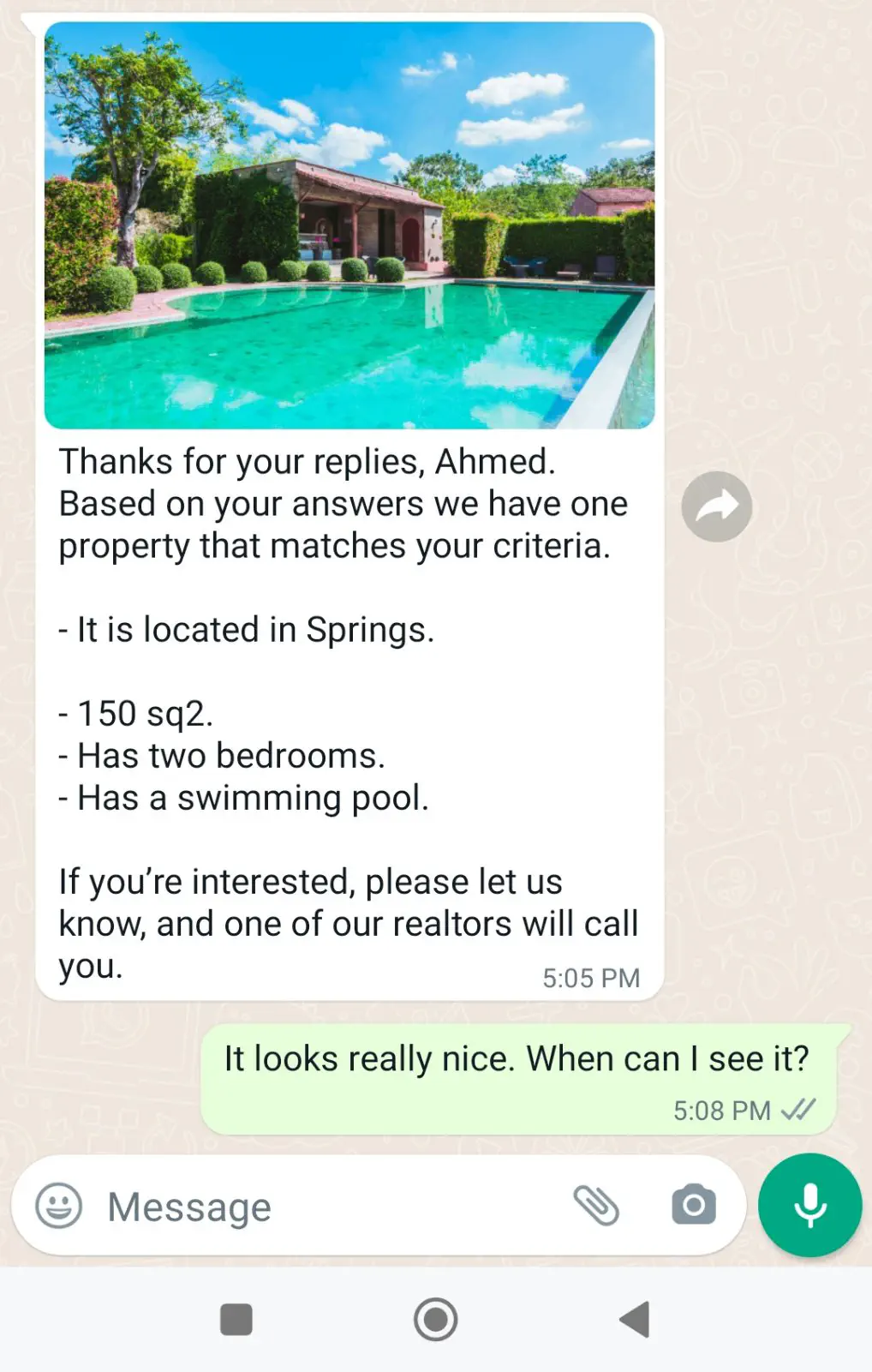 Real estate agent sharing a photo of the property via Whatsapp