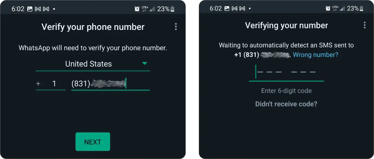 WhatsApp Business number verification page