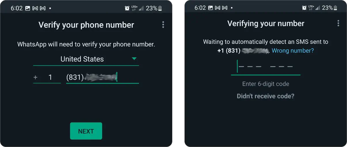 WhatsApp Business phone number verification.