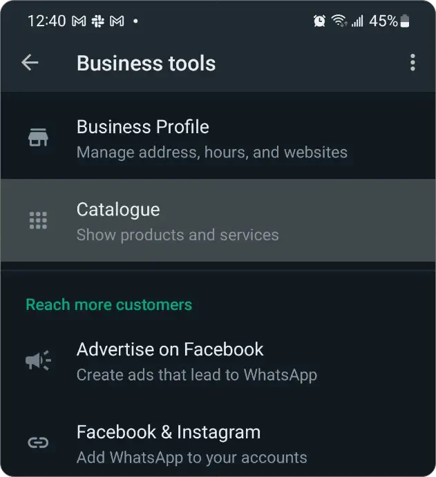 WhatsApp Business tools page