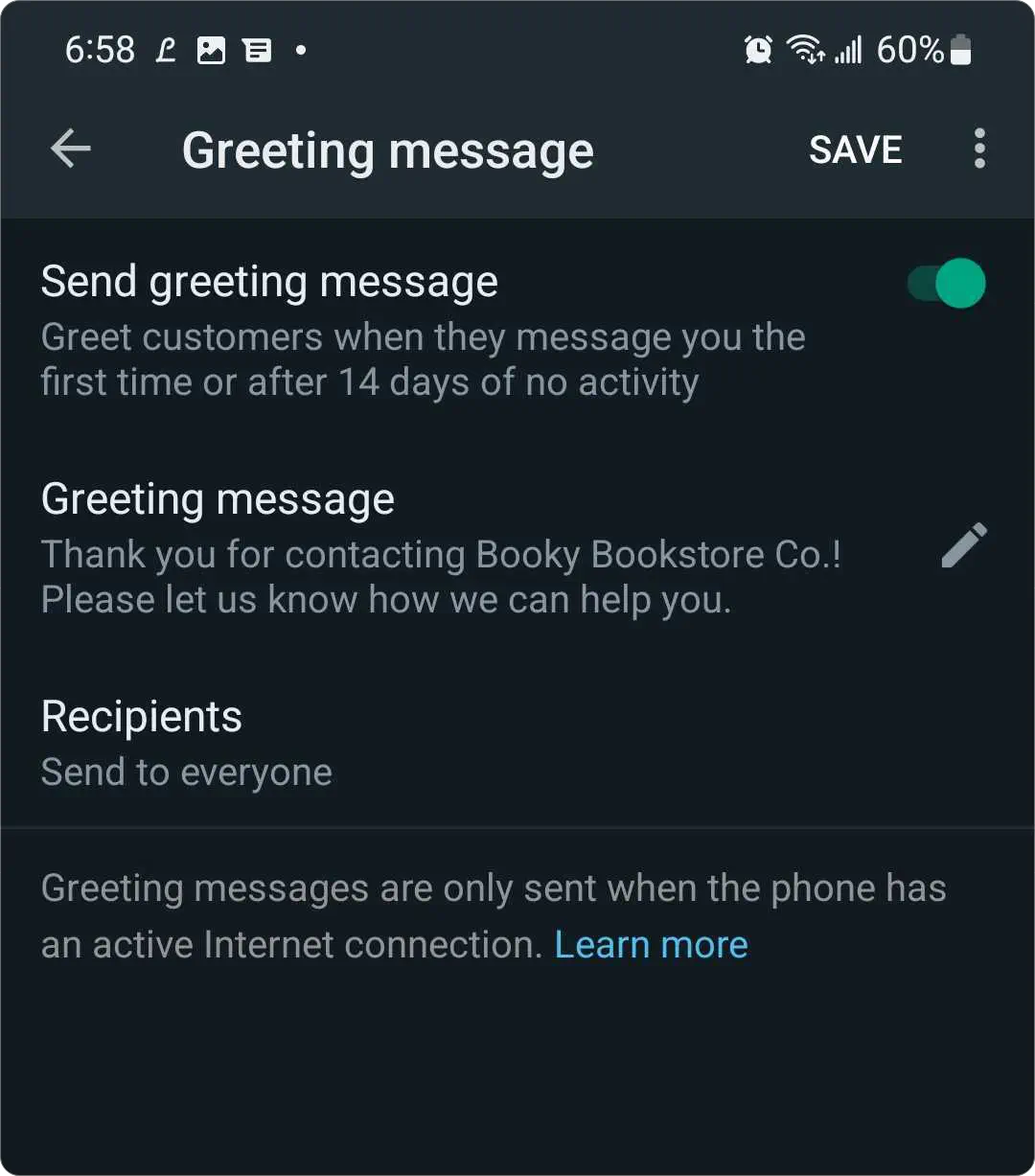 WhatsApp Business greeting message set-up