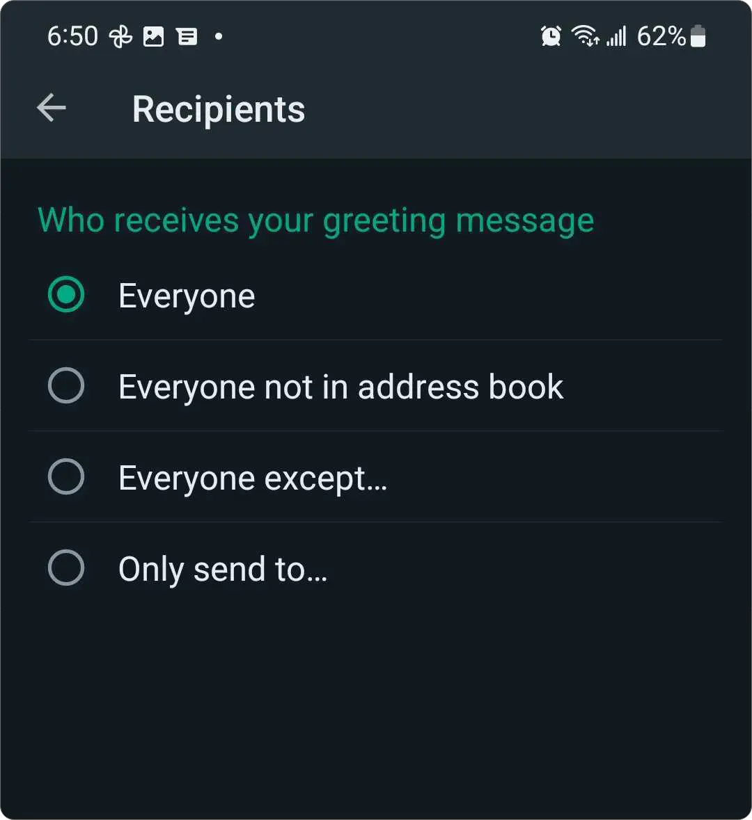 WhatsApp Business greeting message recipients page