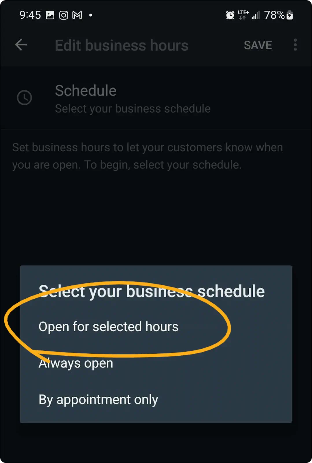 WhatsApp Business opening hours page