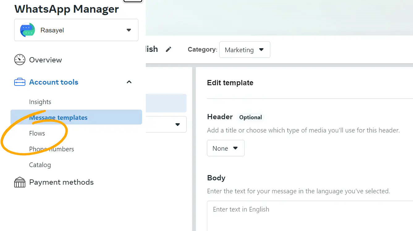 Selecting Flows in WhatsApp Manager.