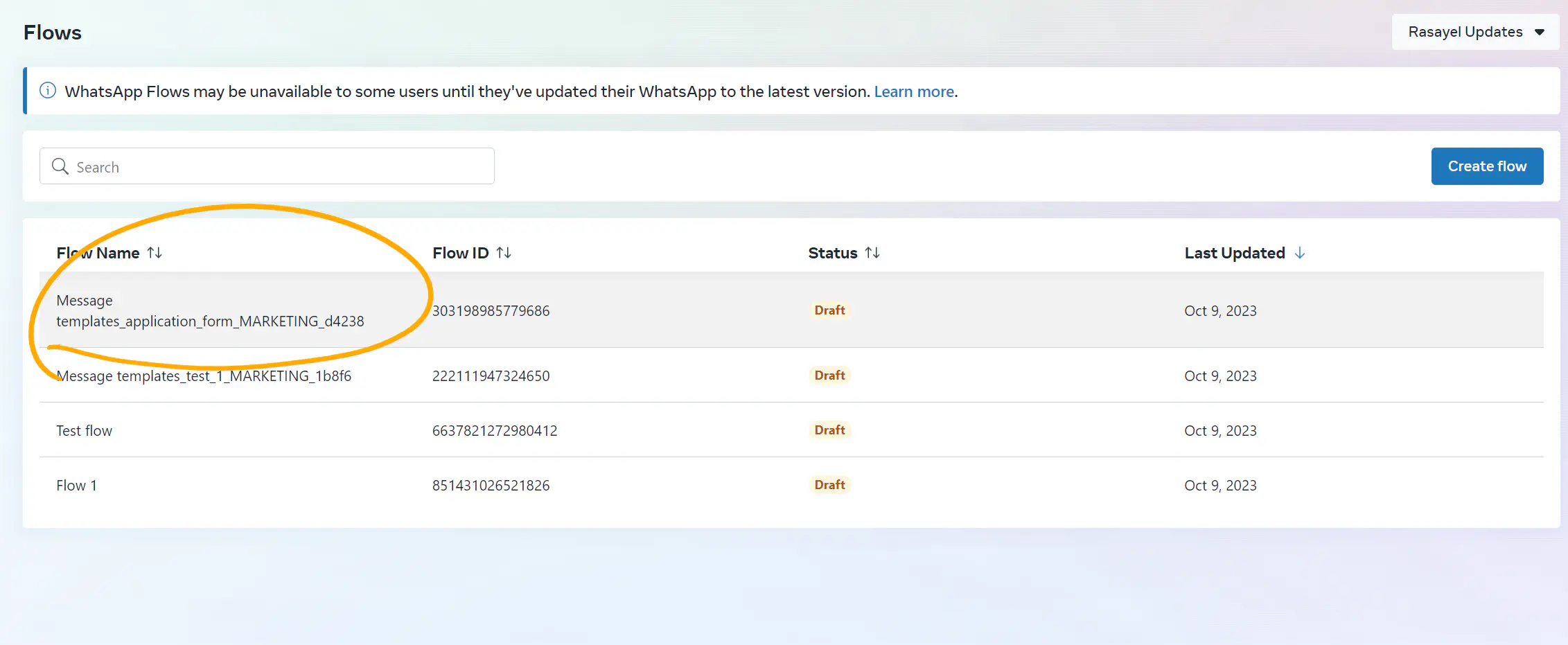 List of Flows in WhatsApp Manager.