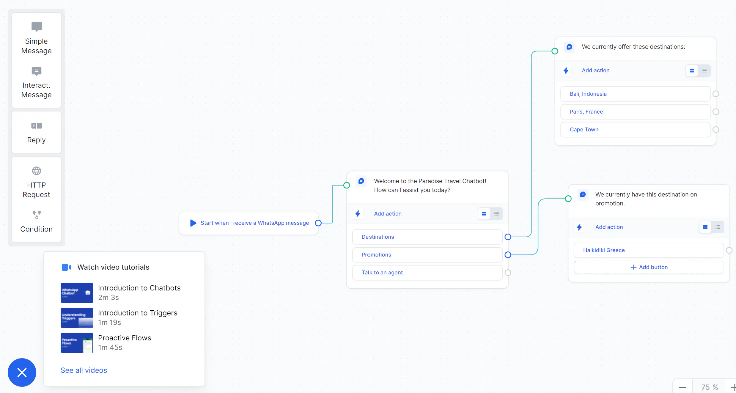 Chatbot flow designed in Rasayel.