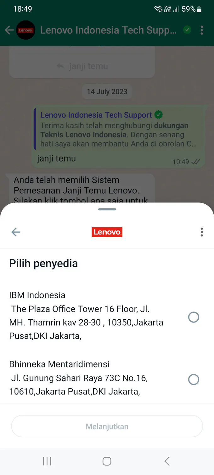 WhatsApp Flows sent to a customer by Lenovo Indonesia.