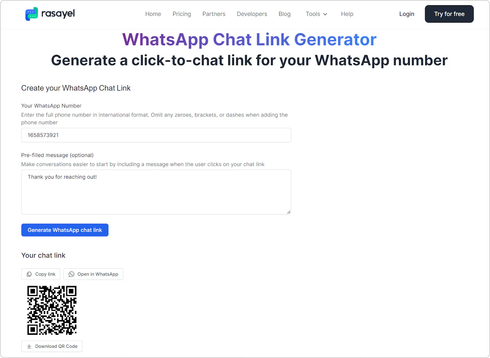 WhatsApp Link Generator on Rasayel.