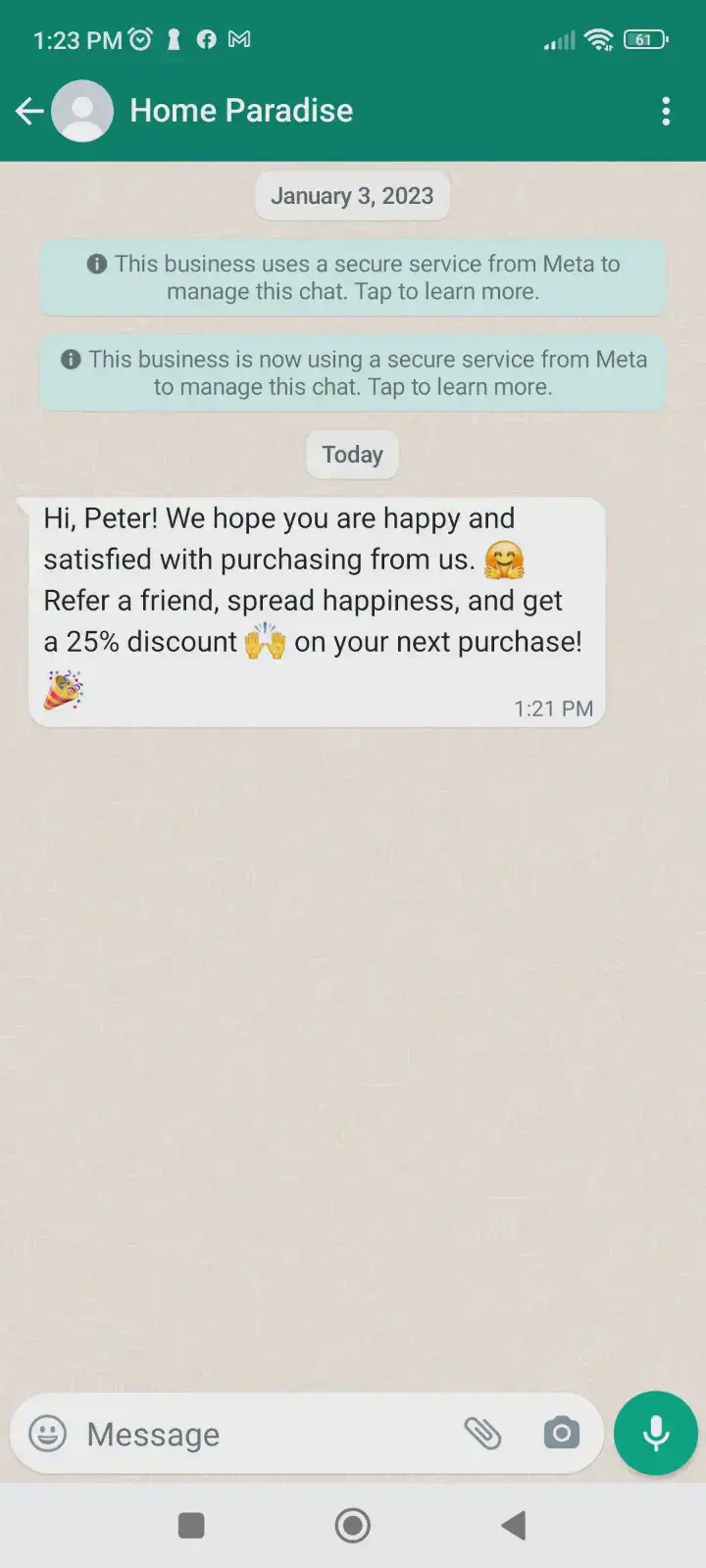 WhatsApp message with an incentive for a referral