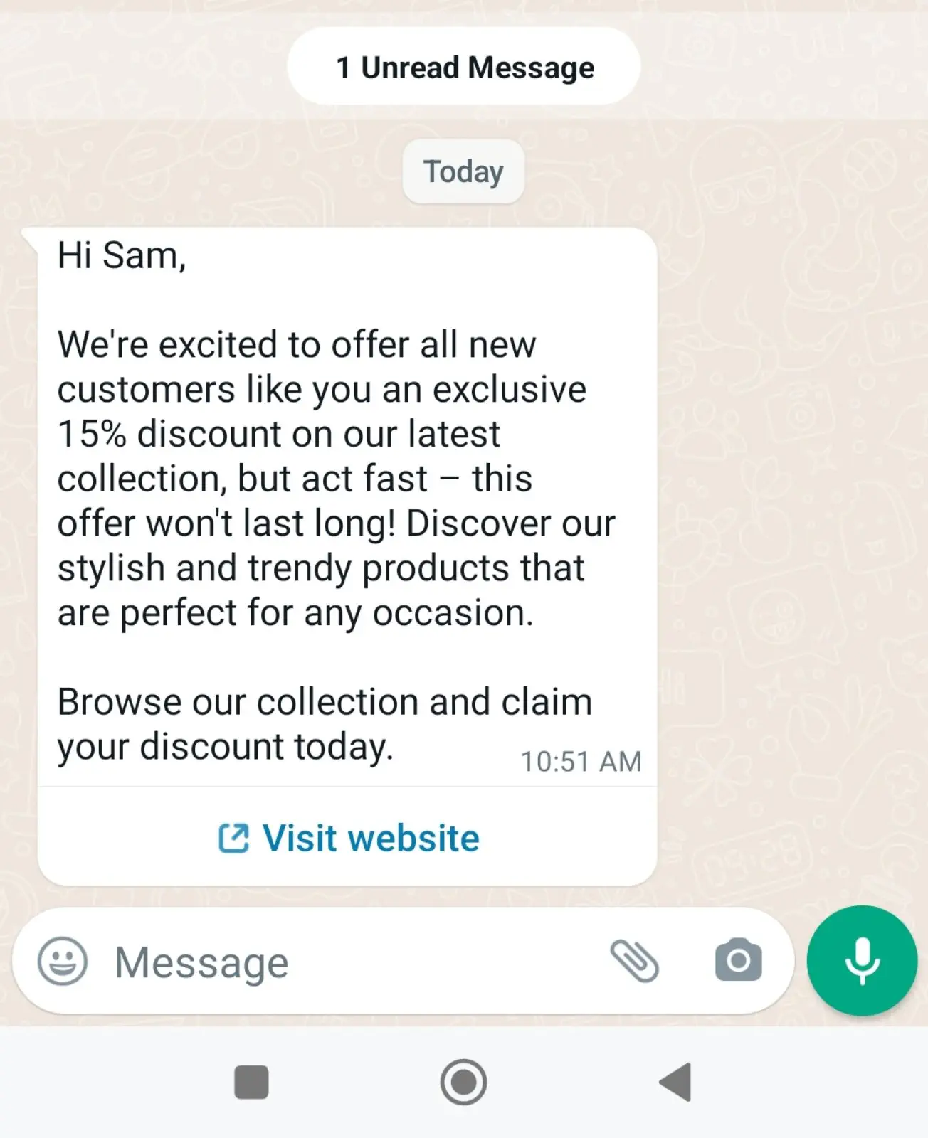 An interactive WhatsApp message offering a discount to a customer.