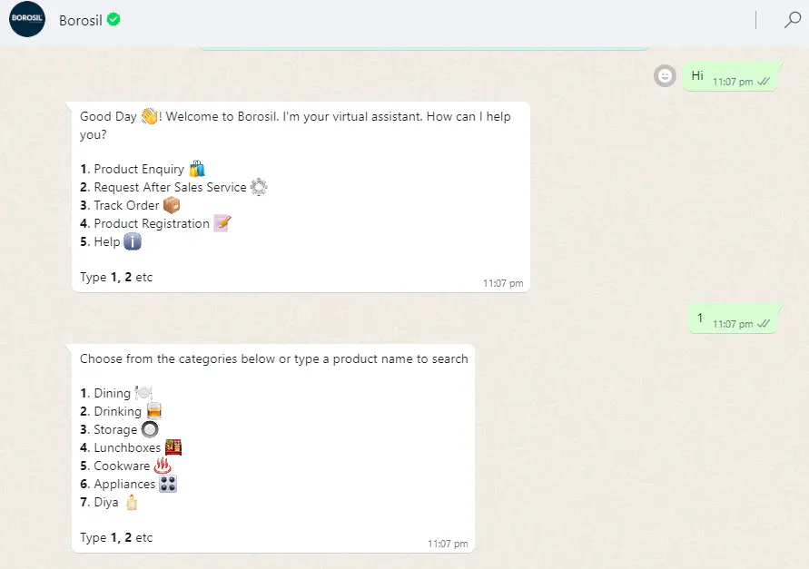 A conversation with Brosil&rsquo;s WhatsApp chatbot.