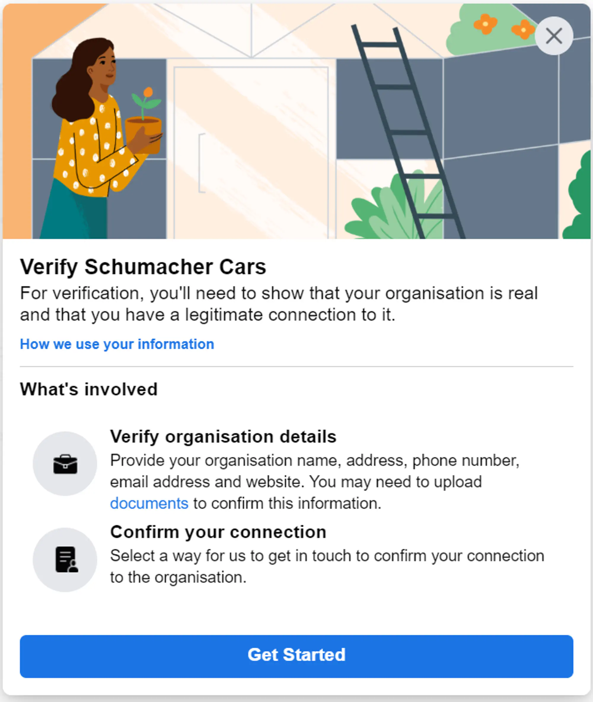 A pop up window with a message to verify organization details.