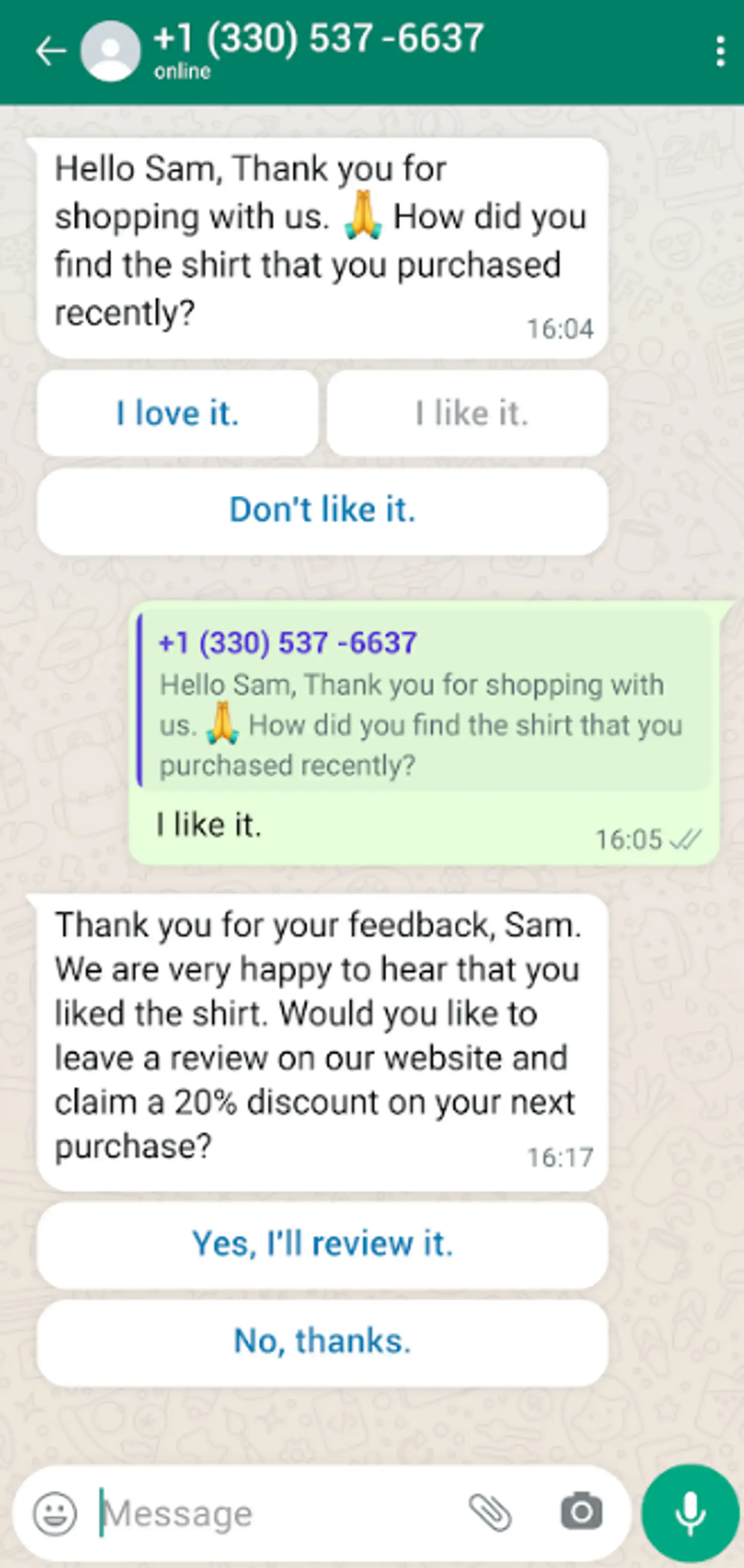 Interactive WhatsApp message asking for a review.