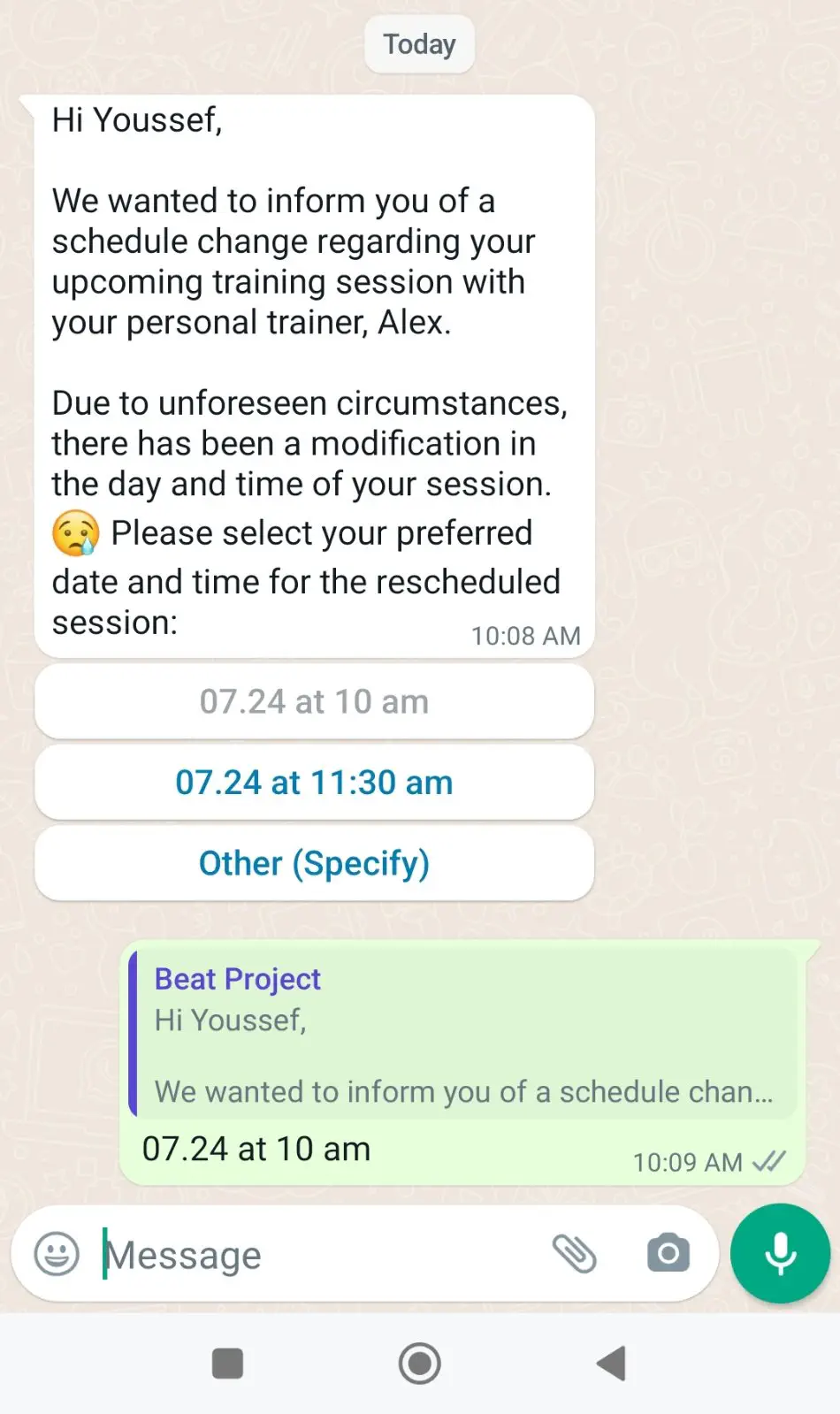 Interactive WhatsApp message with options to reschedule gym session