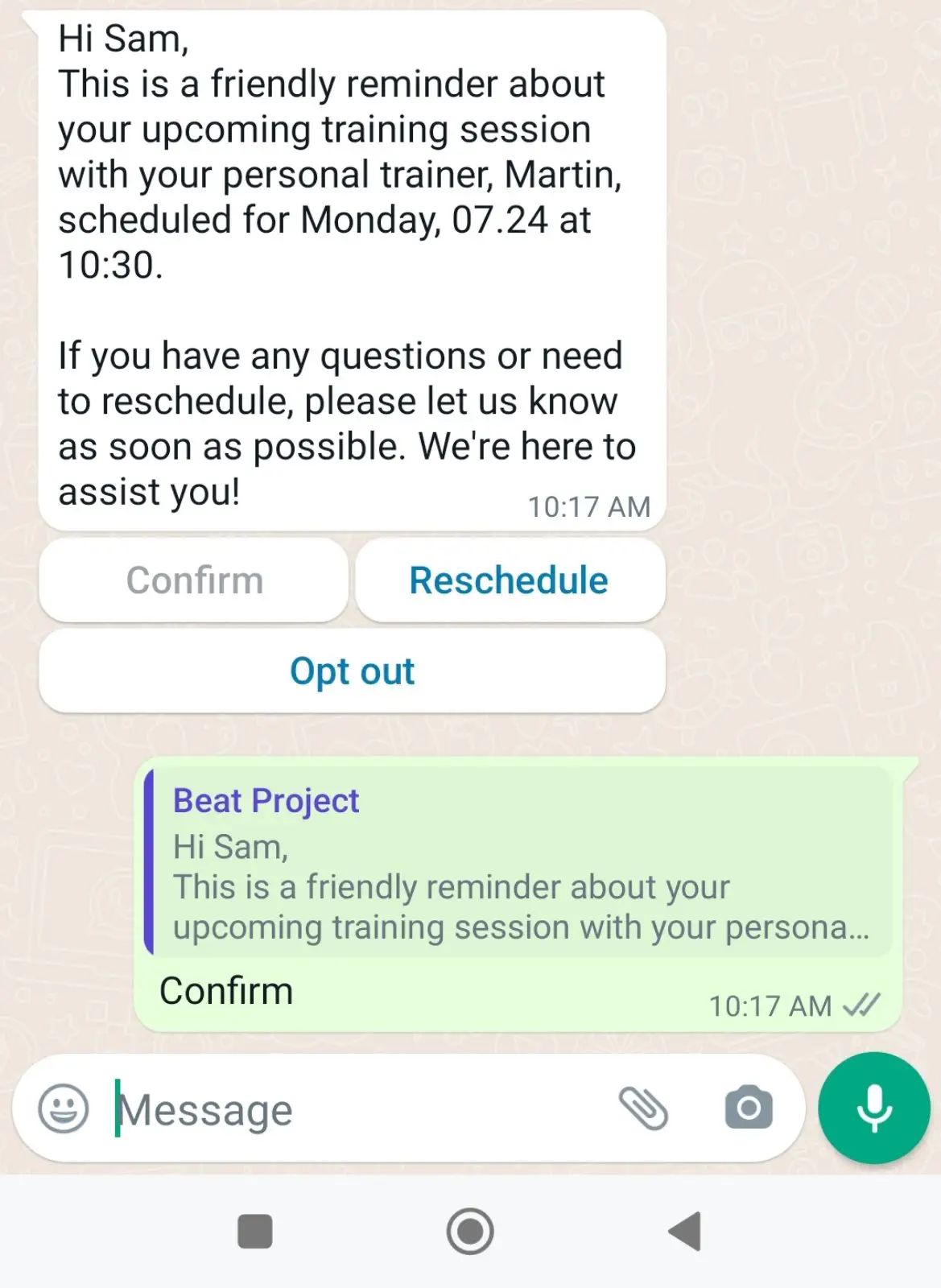 Whatsapp reminder for an upcomming training session