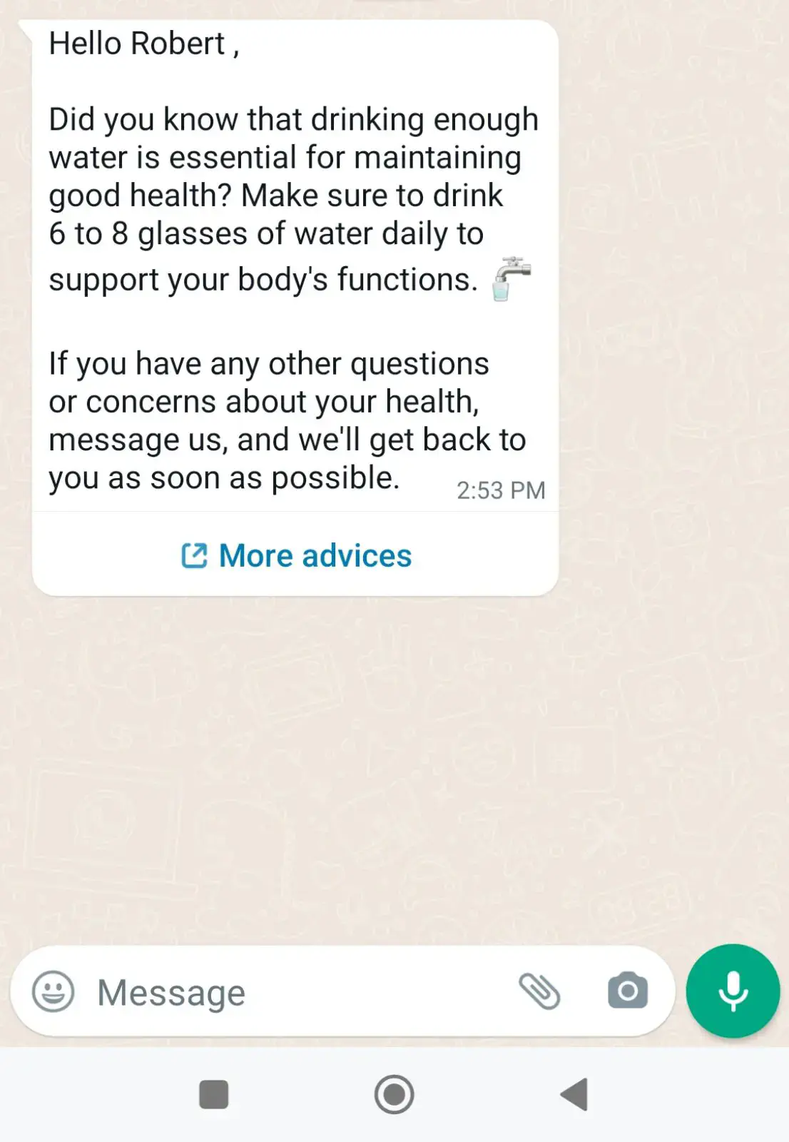 WhatsApp message with nutritional tips