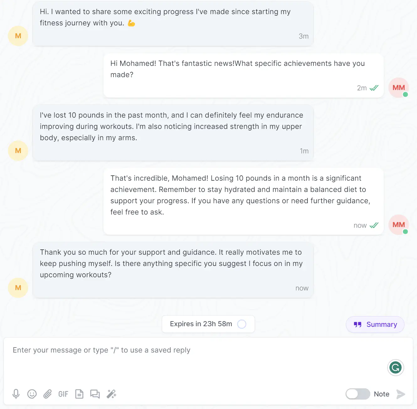 A WhatsApp conversation in Rasayel offering progress update and feedback