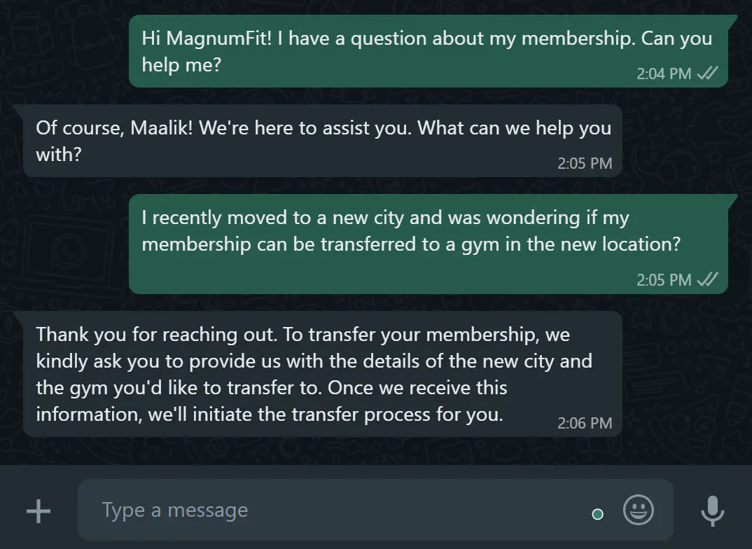 Gym customer support conversation with a client over WhatsApp