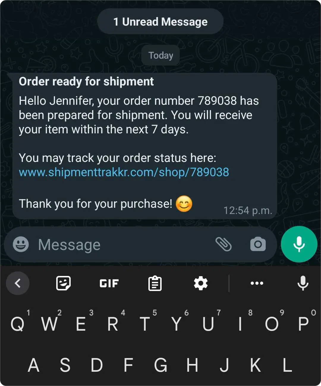 WhatsApp message with an Order shipped update