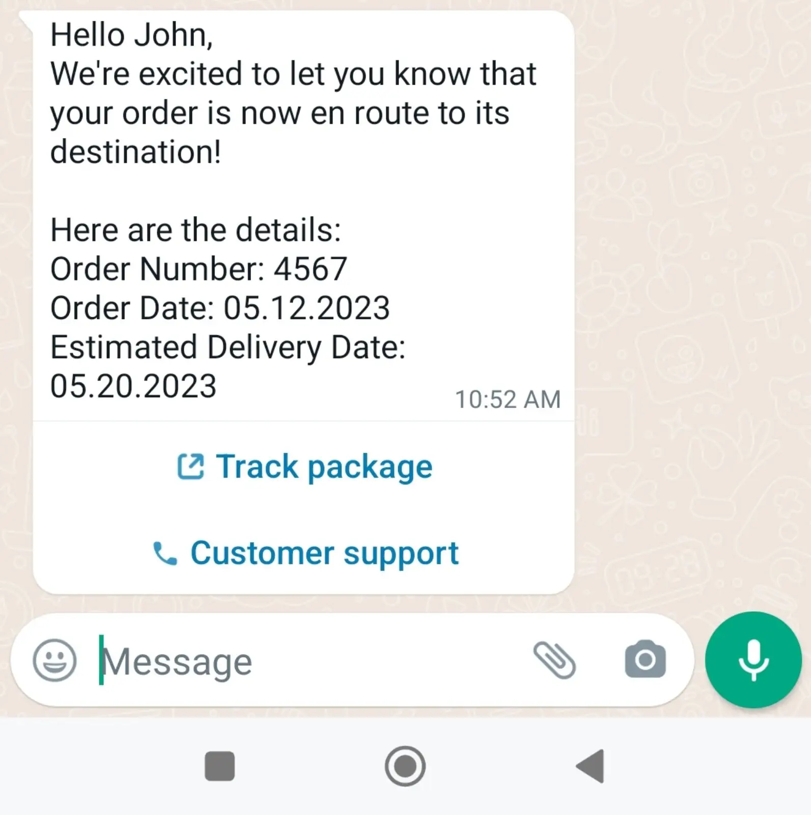 WhatsApp message with an Order en route update