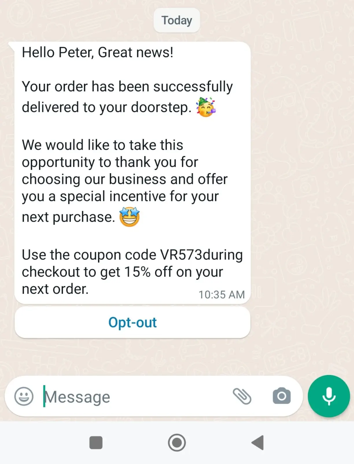 WhatsApp message with an Order delivered update