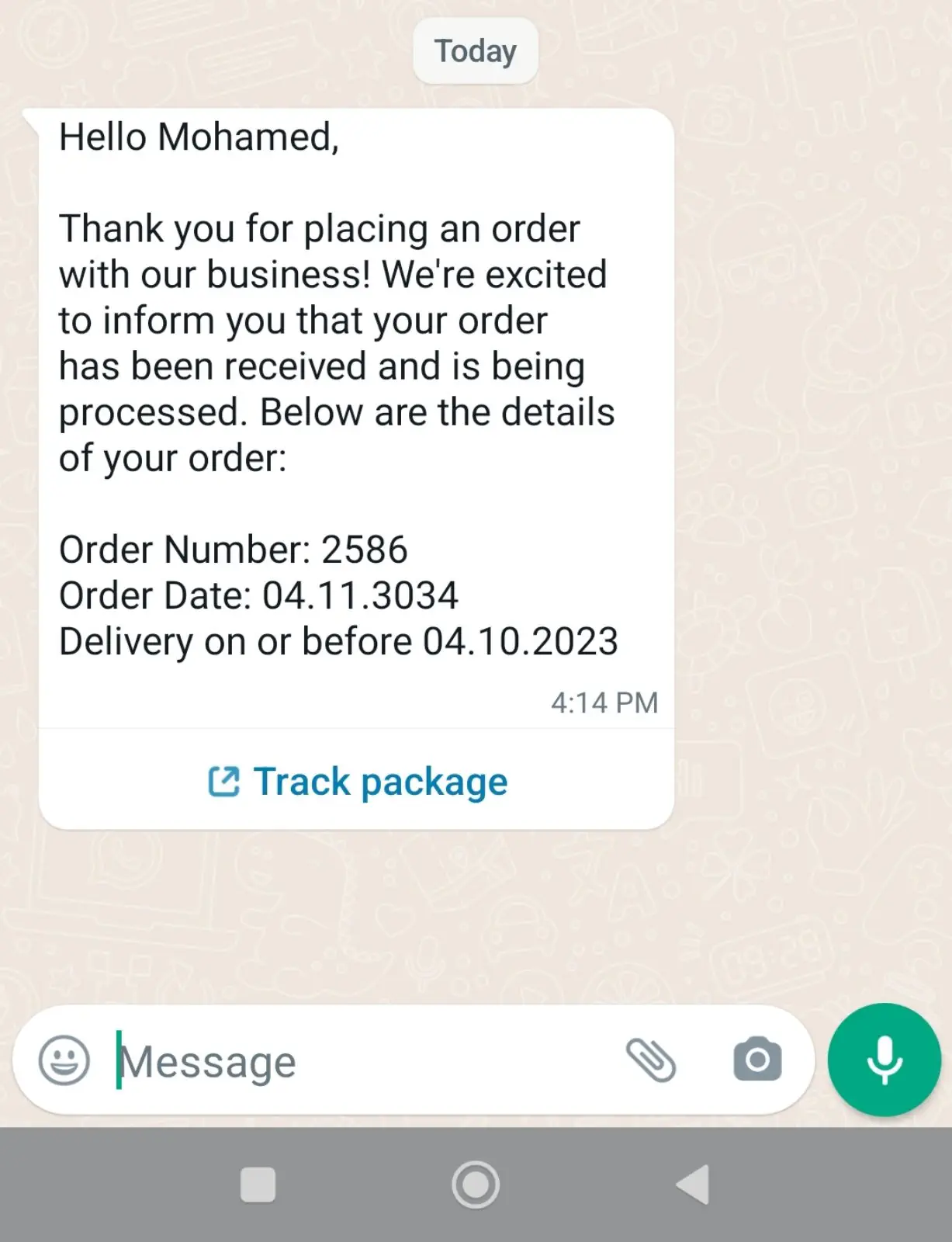 WhatsApp message for order confirmation