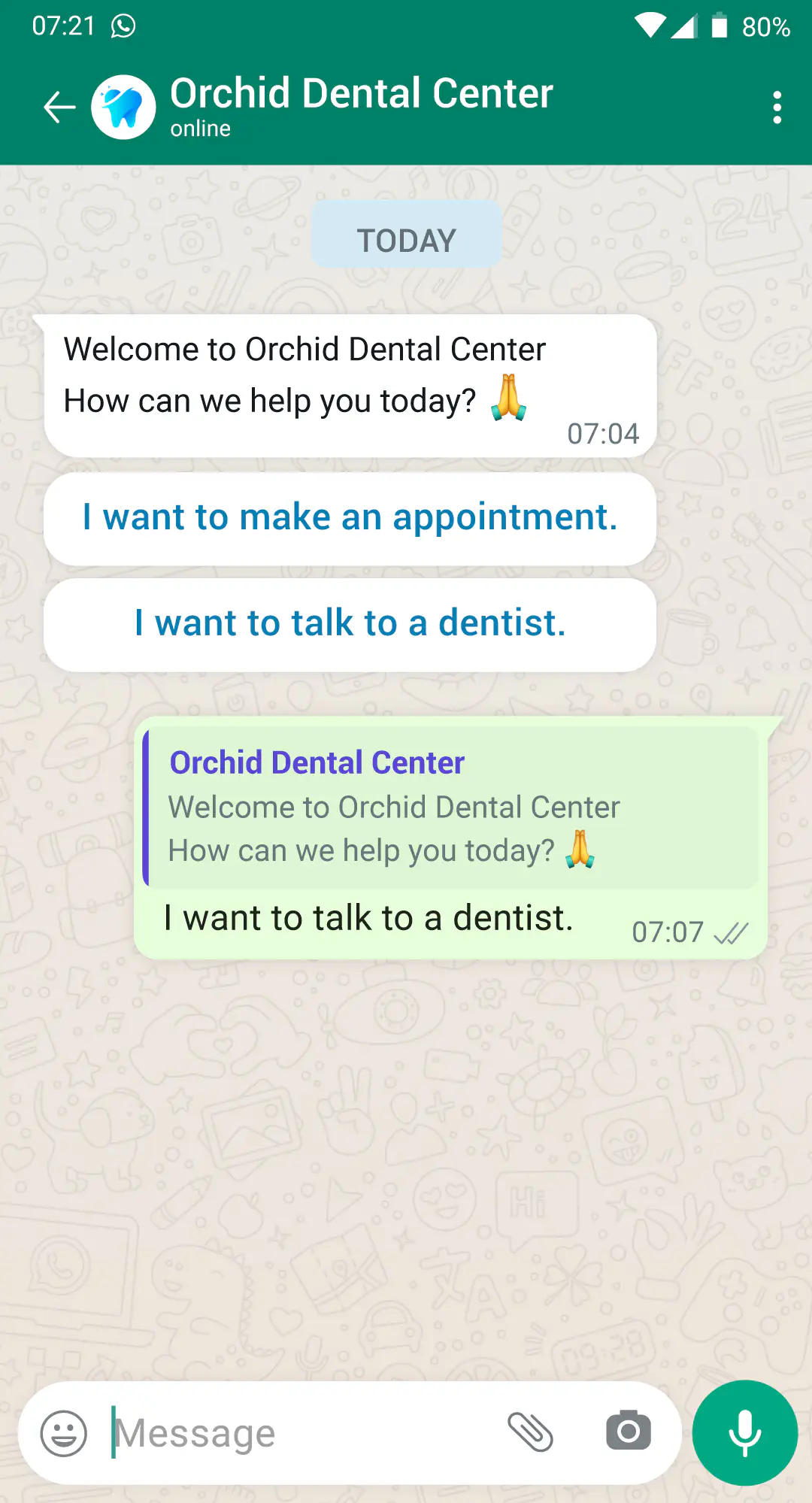 WhatsApp Chatbot conversation with a patient.