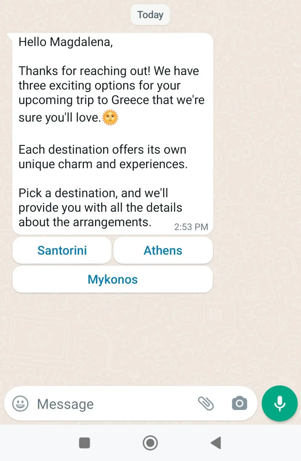 WhatsApp message template with travel destination options