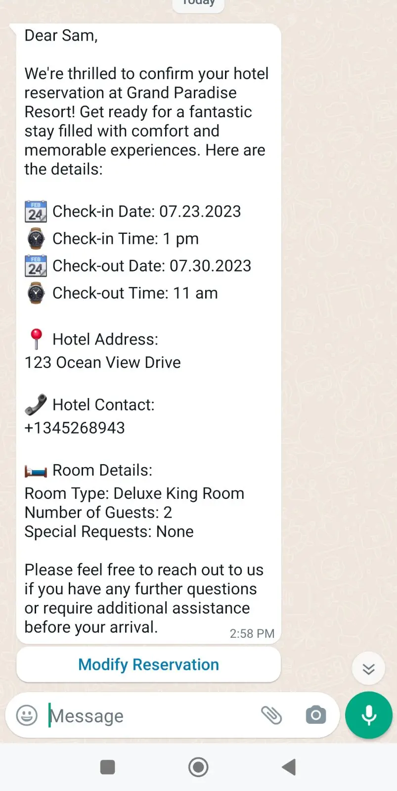 WhatsApp message with hotel reservation update
