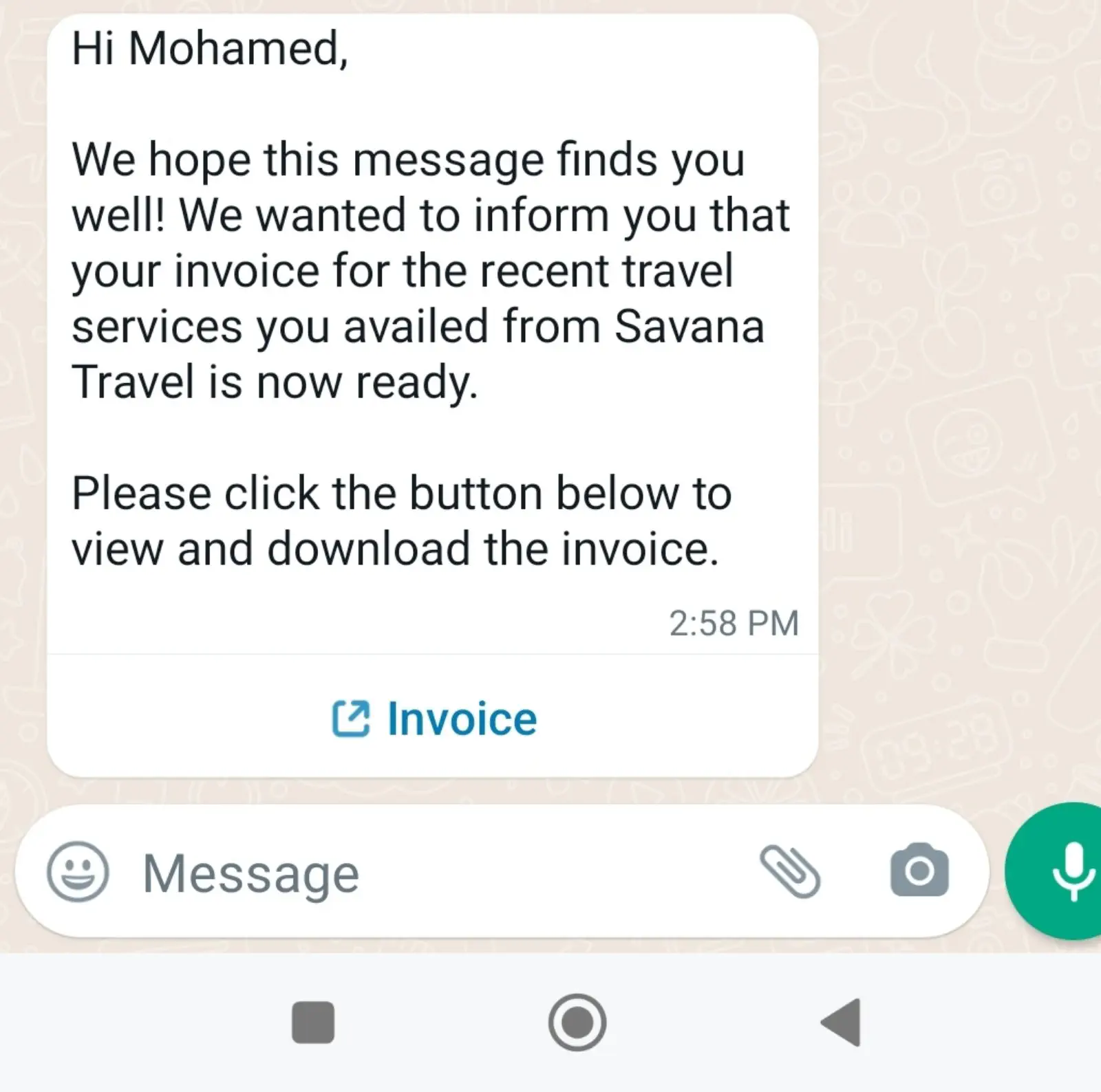 A WhatsApp message with a link for downloading an invoice
