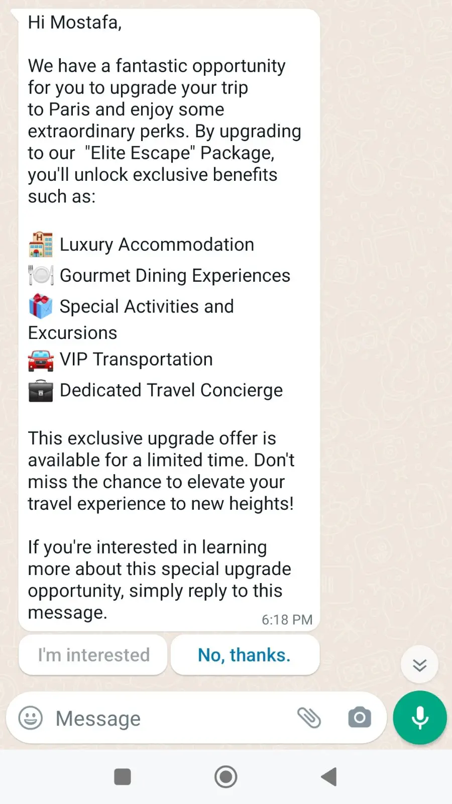 WhatsApp message offering an upgrade of travel arangements