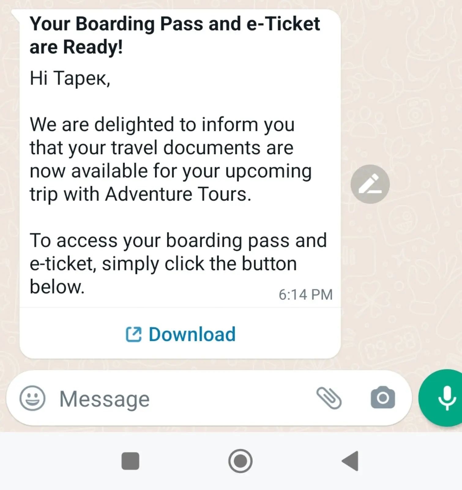 Interactive WhatsApp message with links for downloading a boarding pass and e-ticket