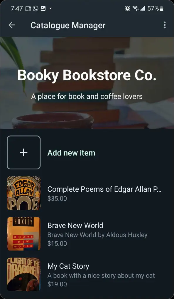 A Product catalog on the WhatsApp Business app showing different items.