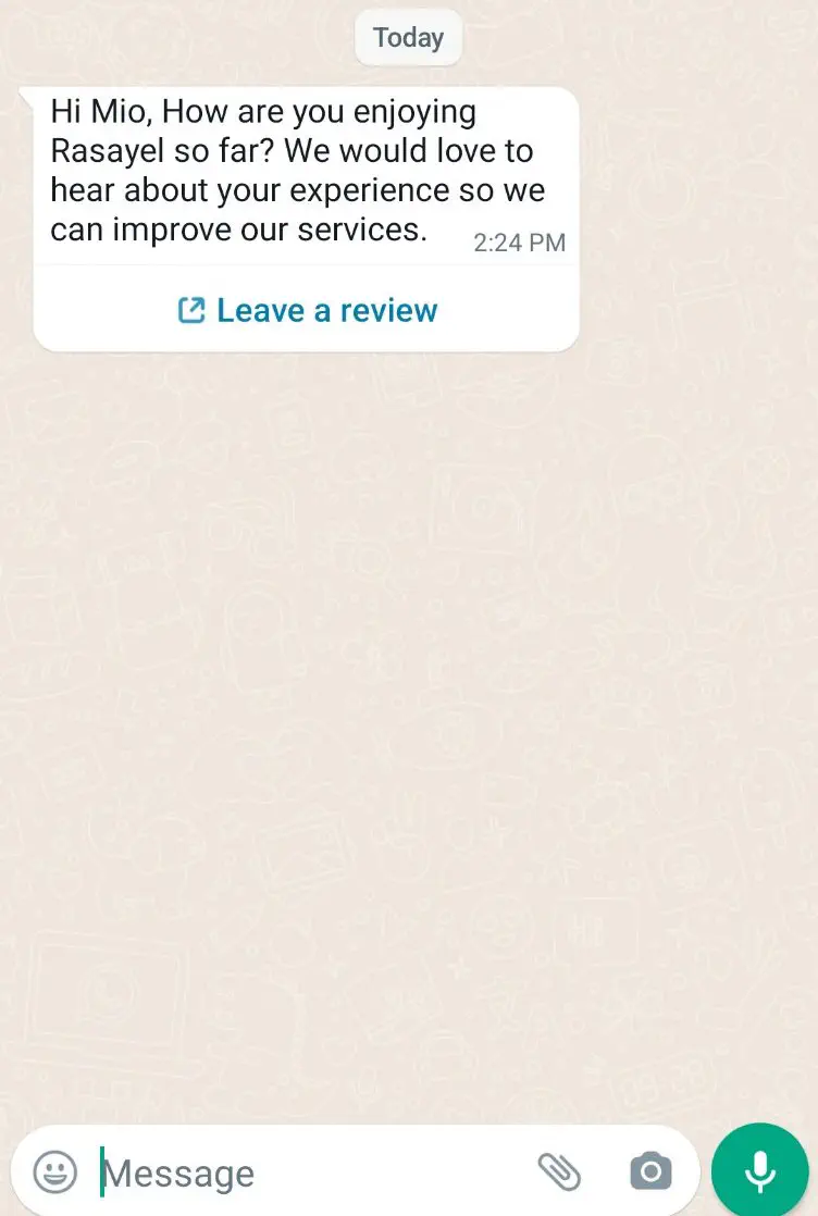 Interactive WhatsApp message template for requesting a review.