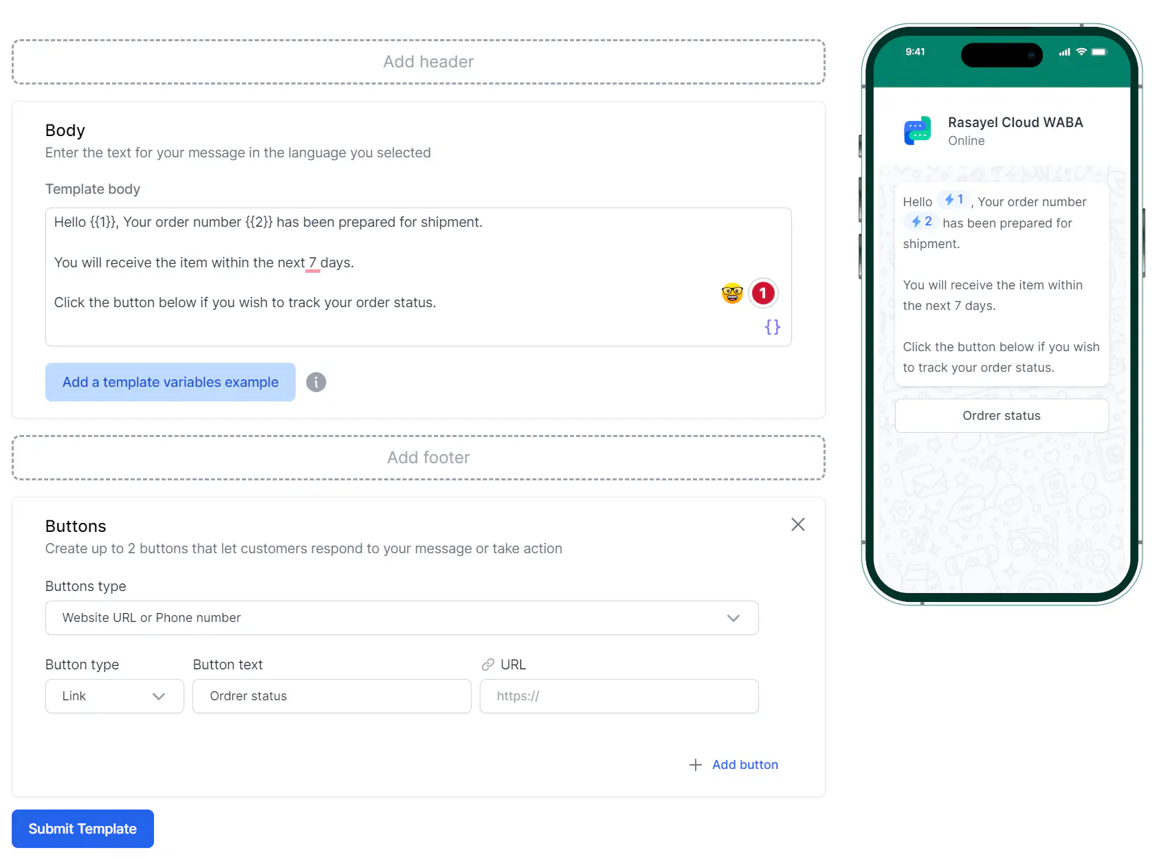 Creating an interactive WhatsApp template in Rasayel.